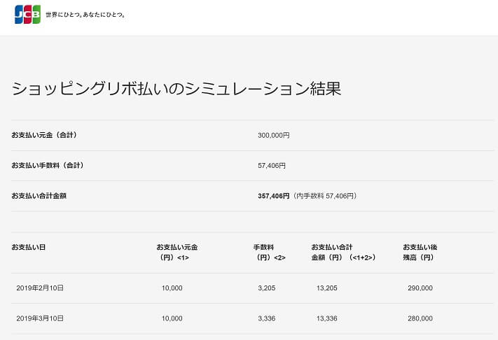 リボ払いJCBシミュレーション30万円合計画像